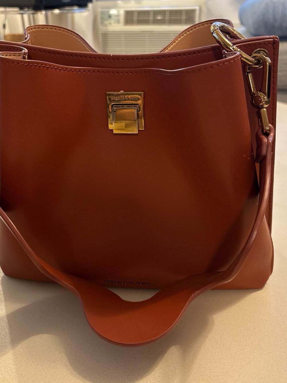 Charles & Keith Burnt Orange Leather Shoulder Bag with Gold Hardware